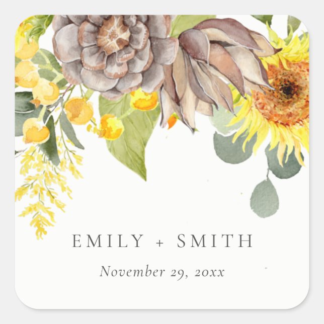 RUSTIC SUNFLOWER EUCALYPTUS PINE FLORAL WEDDING SQUARE STICKER (Front)