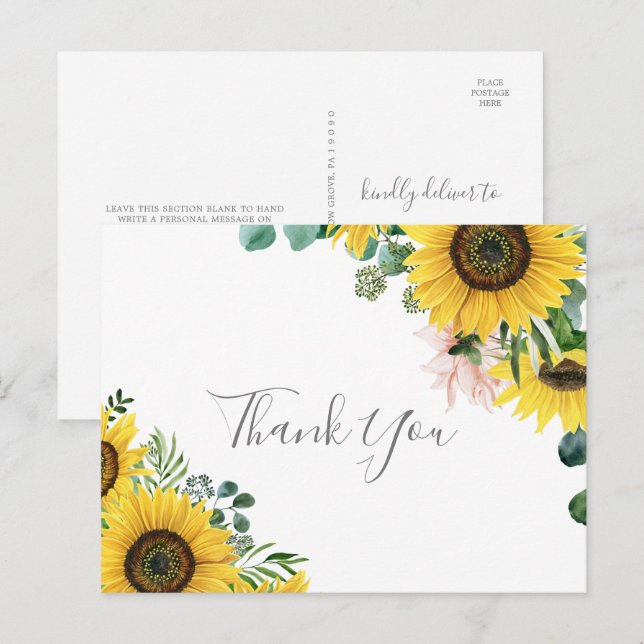 Rustic Sunflower Eucalyptus Thank You Postcard (Front/Back)