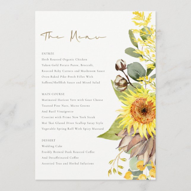 RUSTIC SUNFLOWER EUCALYPTUS WATERCOLOR FLORAL MENU (Front)