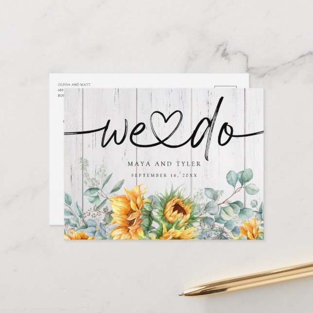Rustic Sunflower Eucalyptus We Do Save The Date Announcement Postcard (Front/Back In Situ)