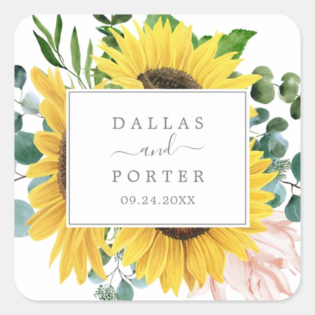 Rustic Sunflower Eucalyptus Wedding Envelope Seals (Front)