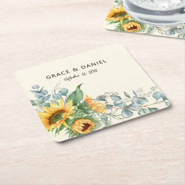 Rustic Sunflower Eucalyptus Wedding Favour Square Paper Coaster (Angled)