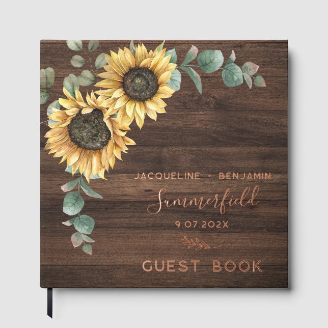 Rustic Sunflower Eucalyptus Wedding Rose Gold Guest Book (Front)