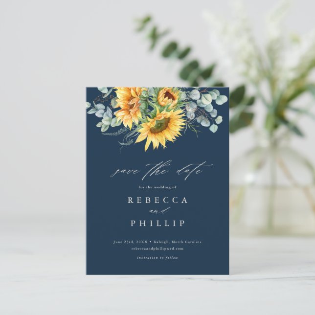 Rustic Sunflower Eucalyptus Wedding Save The Date Announcement Postcard (Standing Front)