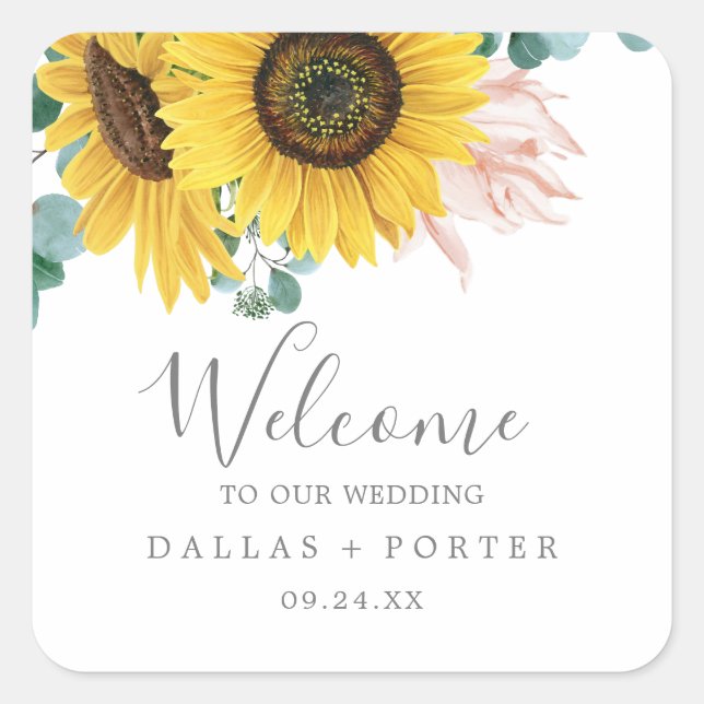Rustic Sunflower Eucalyptus Wedding Welcome Square Sticker (Front)