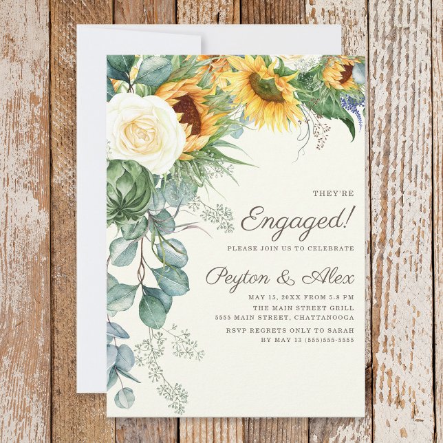 Rustic Sunflower Eucalyptus White Roses Engagement Invitation (Sunflowers and eucalyptus engagement party invitation)