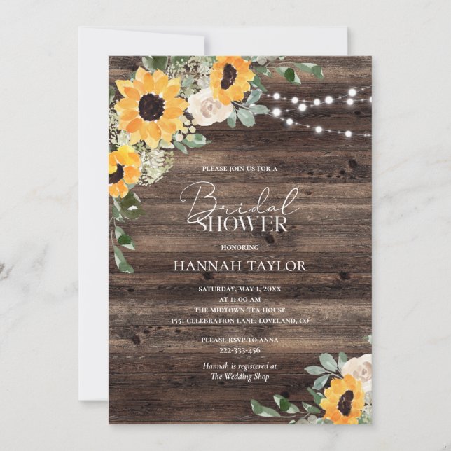 Rustic Sunflower Eucalyptus Wood Bridal Shower Invitation (Front)