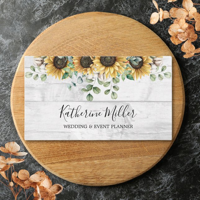 Rustic Sunflower Eucalyptus Wood Business Card (In situ)