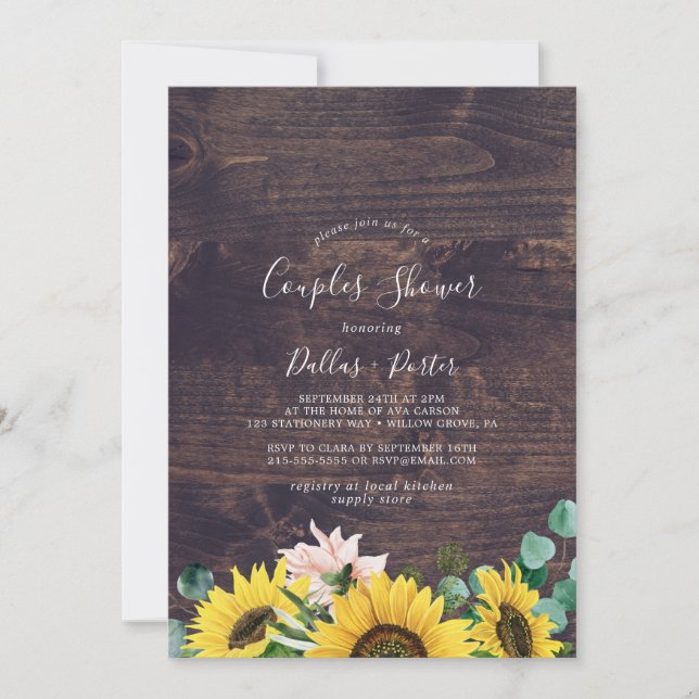 Rustic Sunflower Eucalyptus | Wood Couples Shower Invitation (Front)