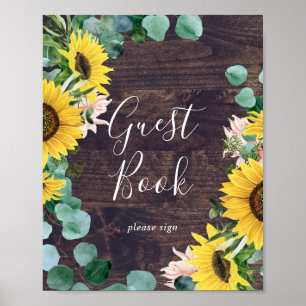 Rustic Sunflower Eucalyptus Wood Guest Book Sign
