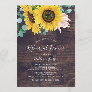 Rustic Sunflower Eucalyptus Wood Rehearsal Dinner Invitation