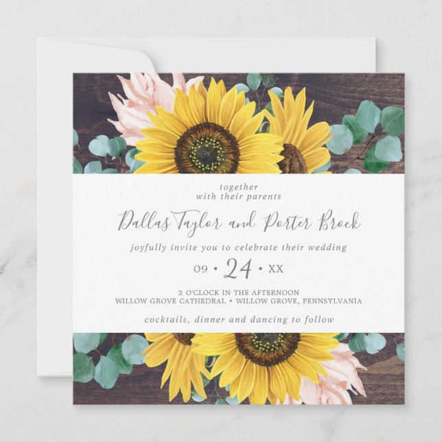 Rustic Sunflower Eucalyptus | Wood Square Wedding Invitation (Front)