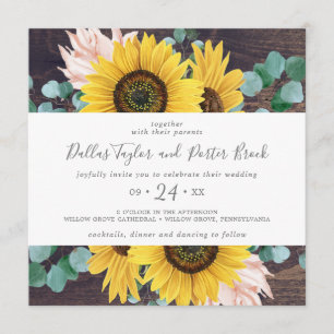 Rustic Sunflower Eucalyptus Wood Square Wedding Invitation