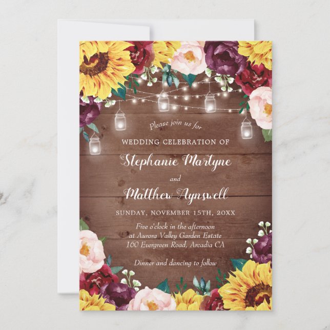 Rustic Sunflower Fall Floral Lights Wood Wedding Invitation (Front)