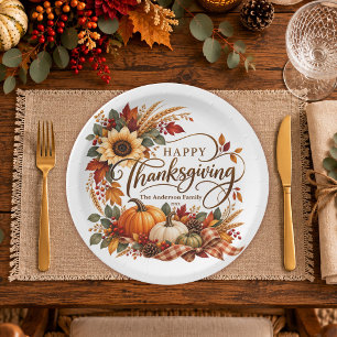 Rustic Sunflower Fall Pumpkin Family Thanksgiving Paper Plate