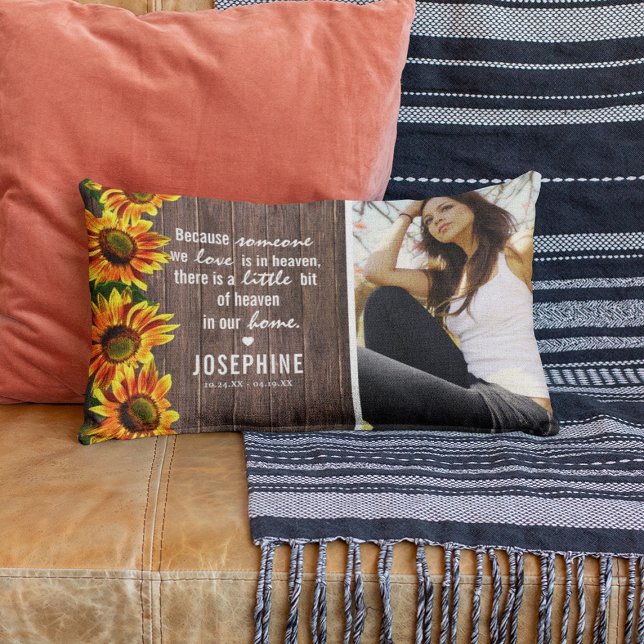 Rustic Sunflower Family Memorial | Photo Keepsake Lumbar Cushion (Creator Uploaded)