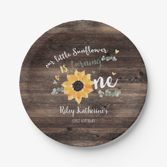 Rustic Sunflower First Birthday Floral Paper Plate (Front)