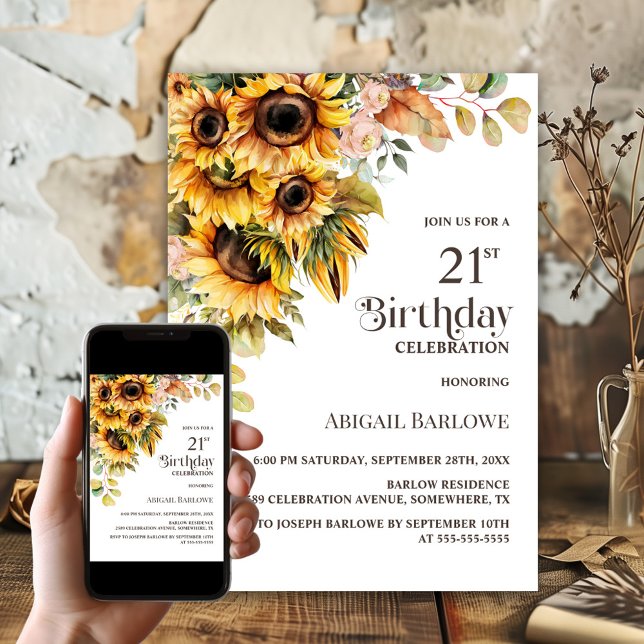 Rustic Sunflower Floral 21st Birthday Party Invitation (Creator Uploaded)