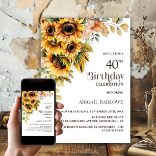 Rustic Sunflower Floral 40th Birthday Party Invitation