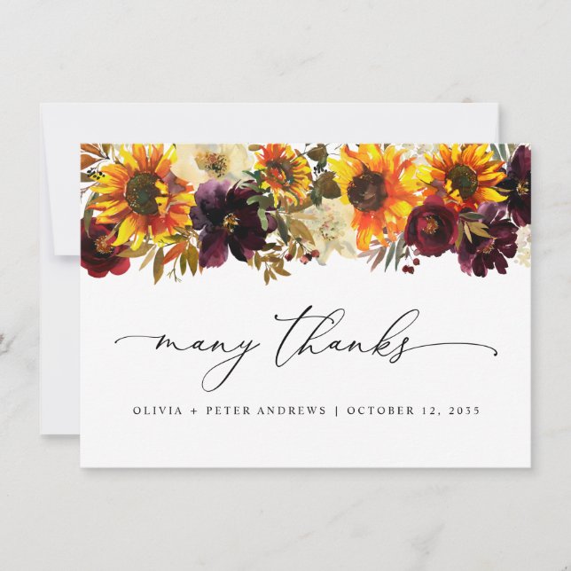 Rustic Sunflower Floral Autumn Burgundy Wedding Thank You Card (Front)
