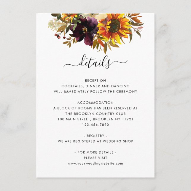 Rustic Sunflower Floral Autumn Wedding Details Enclosure Card (Front)