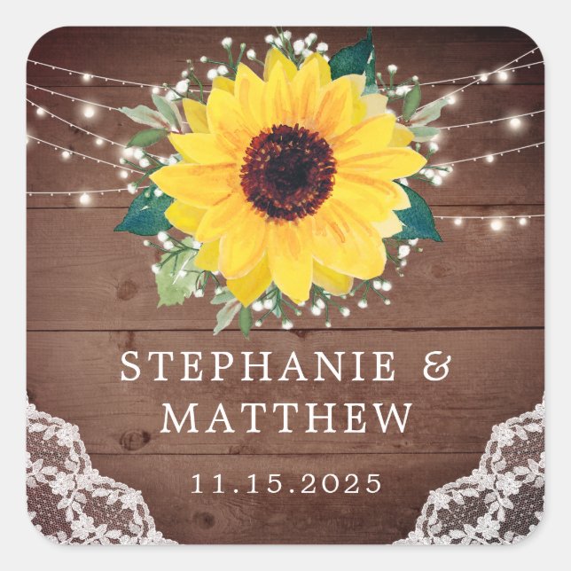 Rustic Sunflower Floral Babys Breath Wedding Square Sticker (Front)
