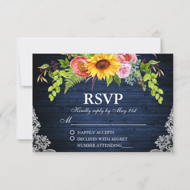 Rustic Sunflower Floral Blue Wood Lace Wedding RSVP Card (Front)