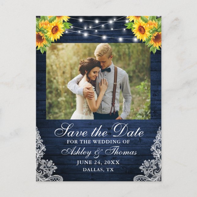 Rustic Sunflower Floral Blue Wood Lights Photo Announcement Postcard (Front)