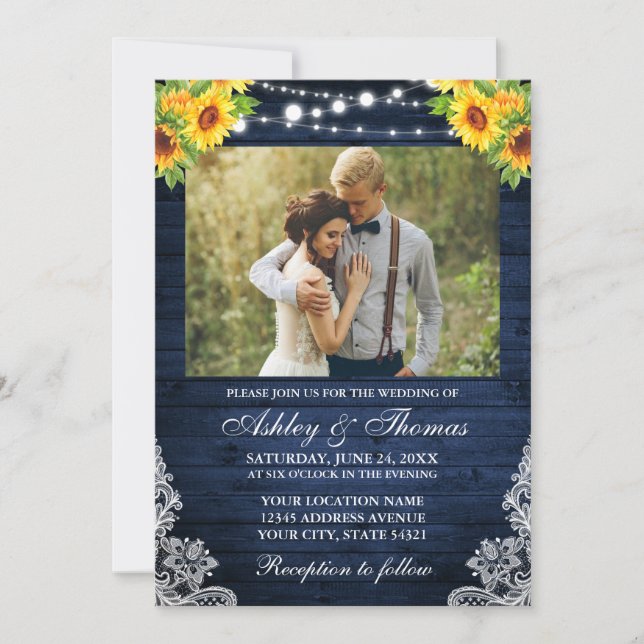 Rustic Sunflower Floral Blue Wood Lights Photo Invitation (Front)