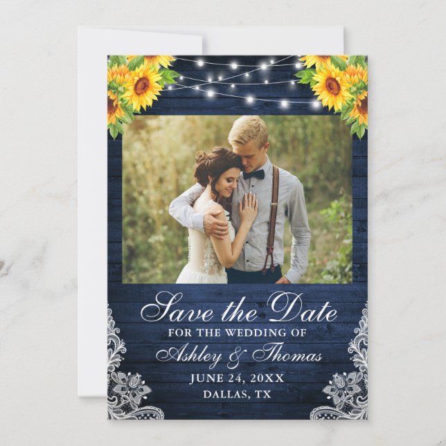 Rustic Sunflower Floral Blue Wood Lights Photo Save The Date (Front)