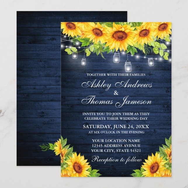 Rustic Sunflower Floral Blue Wood Mason Jar Lights Invitation (Front/Back)