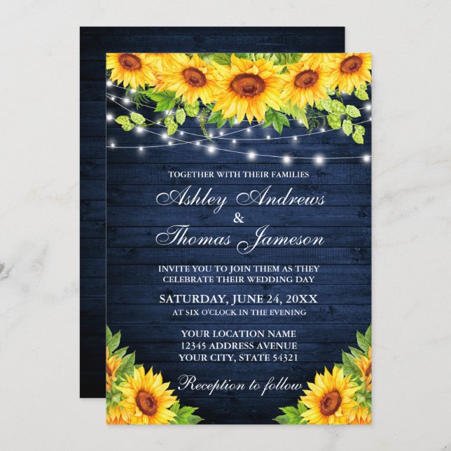 Rustic Sunflower Floral Blue Wood String Lights Invitation (Front/Back)