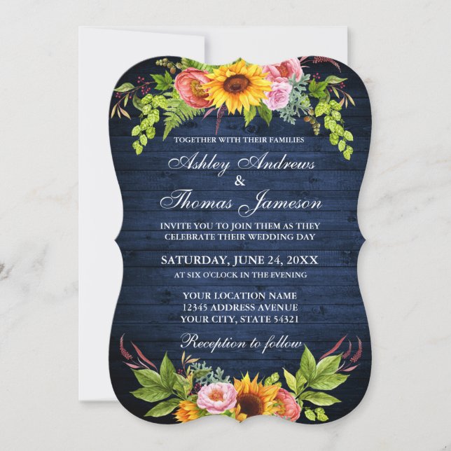 Rustic Sunflower Floral Blue Wood Wedding Invitation (Front)