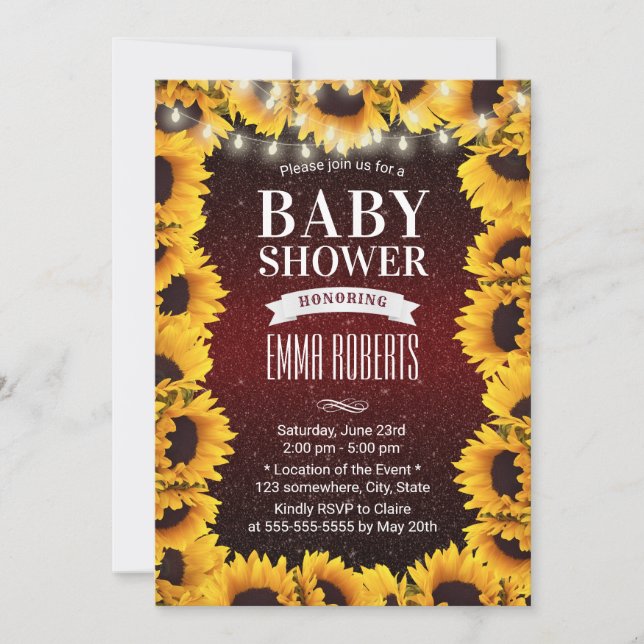 Rustic Sunflower Floral Burgundy Red Baby Shower Invitation (Front)