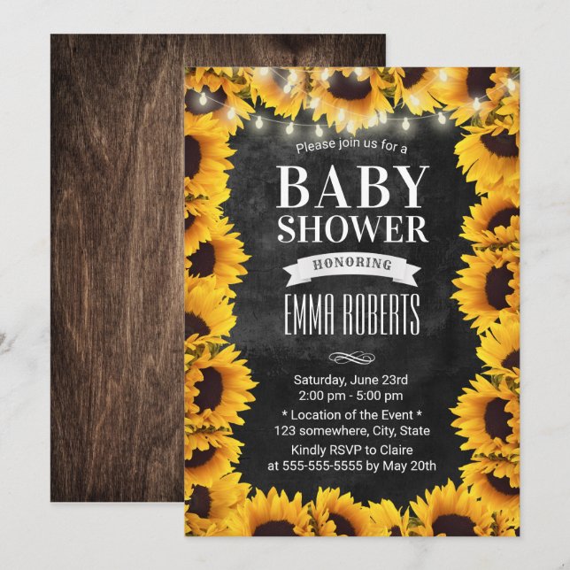 Rustic Sunflower Floral Chalkboard Baby Shower Invitation (Front/Back)
