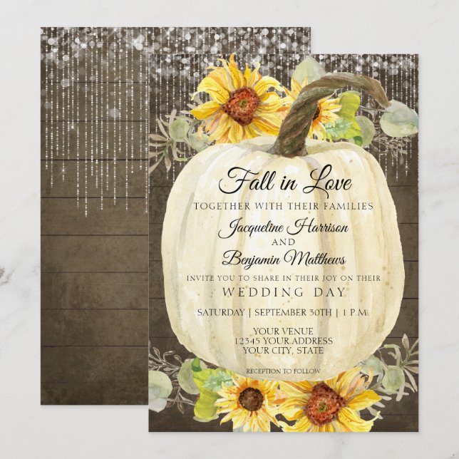 Rustic Sunflower Floral Fairy Lights Pumpkin Wood Invitation (Front/Back)