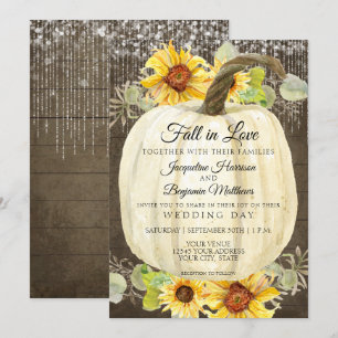Rustic Sunflower Floral Fairy Lights Pumpkin Wood Invitation