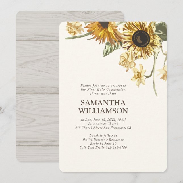 Rustic Sunflower Floral First Communion Invitation (Front/Back)