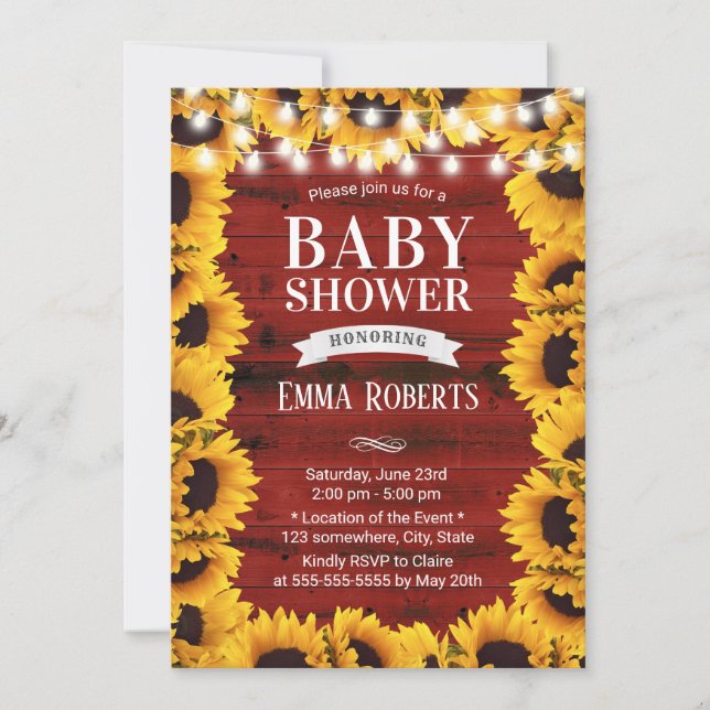 Rustic Sunflower Floral Frame Red Barn Baby Shower Invitation (Front)