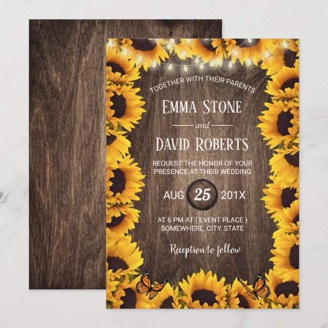Rustic Sunflower Floral Frame Summer Wedding Invitation (Front/Back)