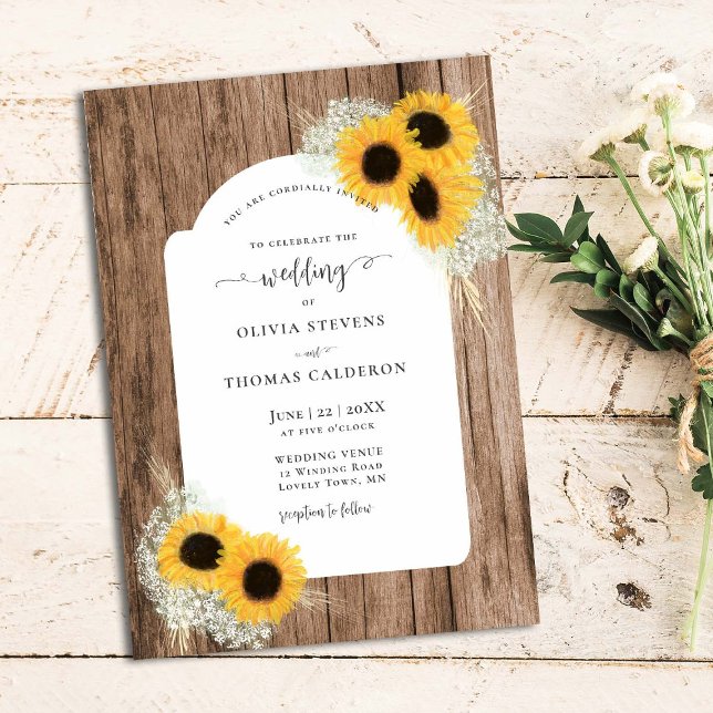 Rustic Sunflower Floral Frame Wood Elegant Wedding Invitation (Creator Uploaded)