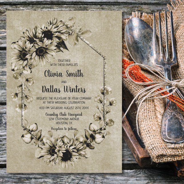 Rustic Sunflower Floral Geometric Wedding Invitation (Creator Uploaded)