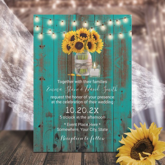Rustic Sunflower Floral Jar Teal Barn Wood Wedding Invitation (Creator Uploaded)