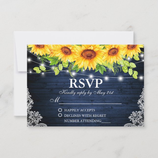 Rustic Sunflower Floral Lace Blue Wood Lights RSVP (Front)