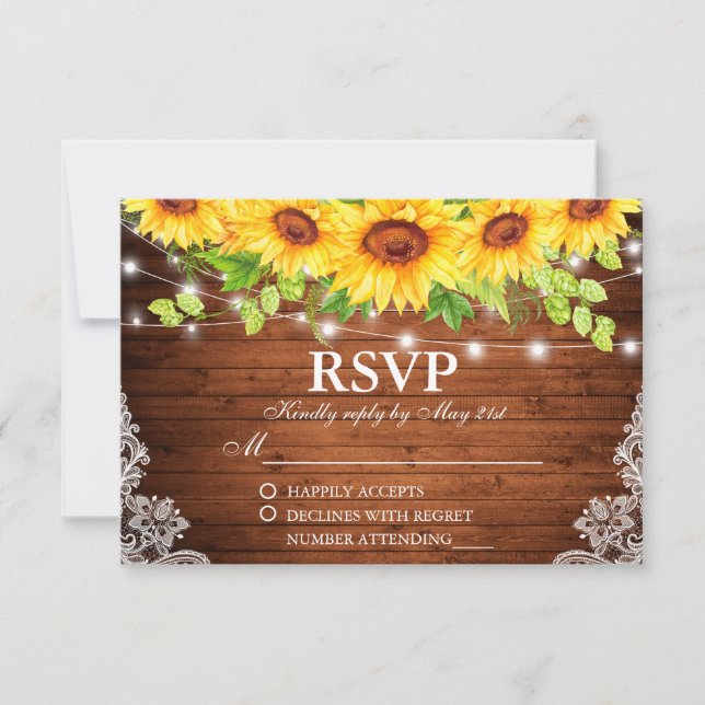 Rustic Sunflower Floral Lace Wood Lights RSVP (Front)