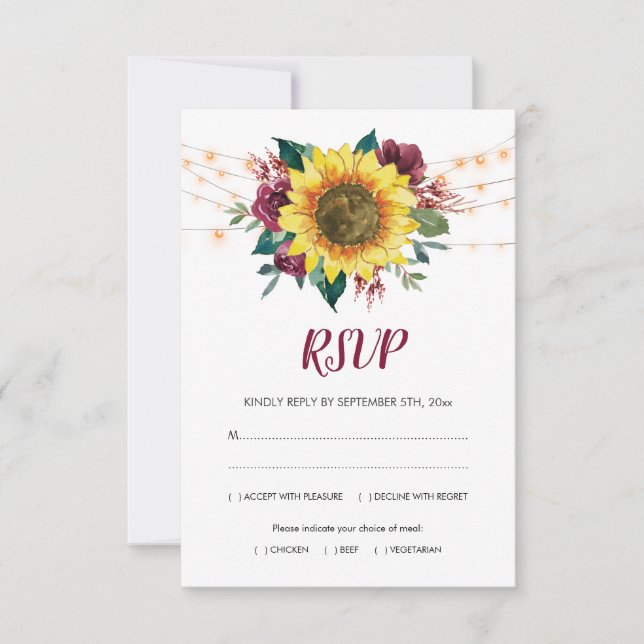 Rustic Sunflower Floral Lights Meals Wedding RSVP Card (Front)