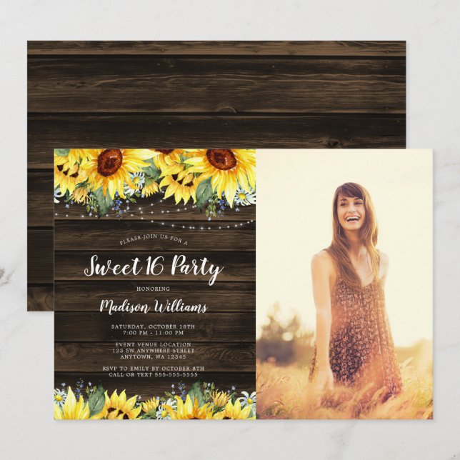 Rustic Sunflower Floral Lights Sweet 16 Photo Invitation (Front/Back)