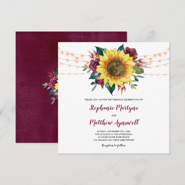 Rustic Sunflower Floral Lights Wedding Invitation (Front/Back)