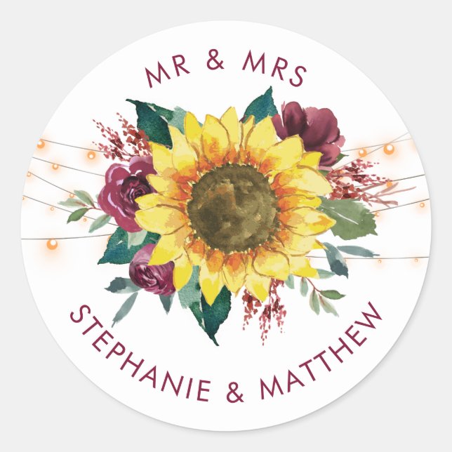 Rustic Sunflower Floral Lights Wedding Mr & Mrs Classic Round Sticker (Front)