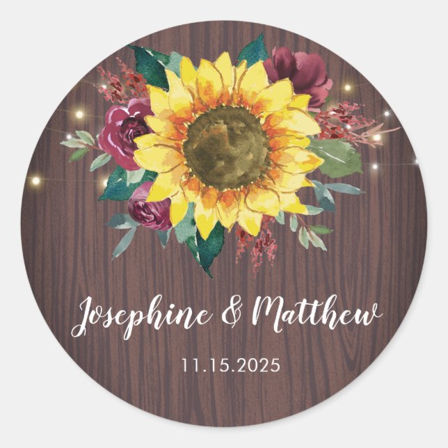 Rustic Sunflower Floral Lights Wood Wedding Classic Round Sticker (Front)